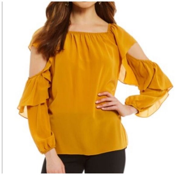 New! MIKA MINDEL Lynn Mustard Yellow Ruffle Off the Shoulder Blouse Size XS MSRP - Picture 1 of 10